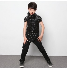 Black leather rivet  sequins boys kids children modern dance fashion stage performance jazz ds singer drummer play hip hop punk rock dance costumes outfits